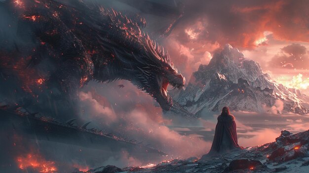 Hay un hombre de pie frente a un dragón en las montañas generativo ai