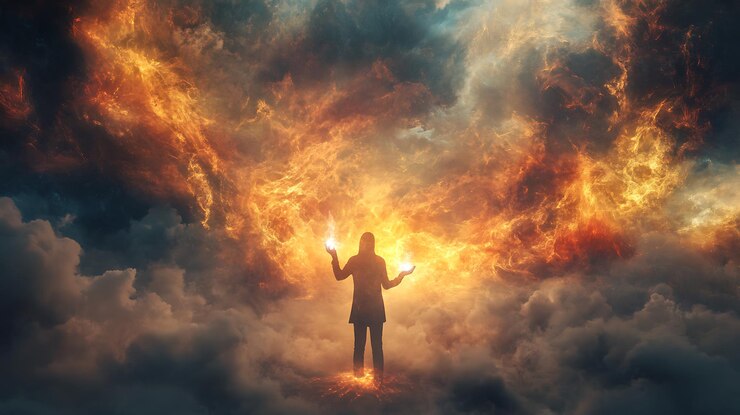 Foto hay un hombre de pie en las nubes sosteniendo una bola de fuego
