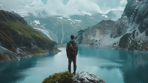 Hay un hombre de pie en una roca mirando a un lago generativo ai