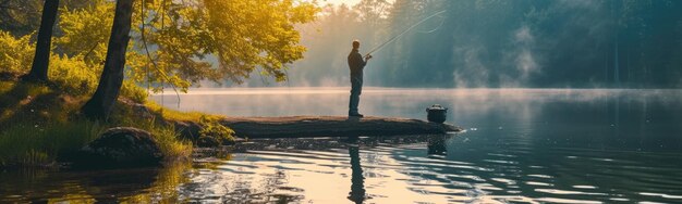 Foto hay un hombre de pie en un tronco en el agua