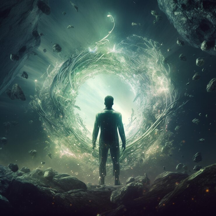Foto hay un hombre de pie en un túnel de rocas y rocas generativas ai
