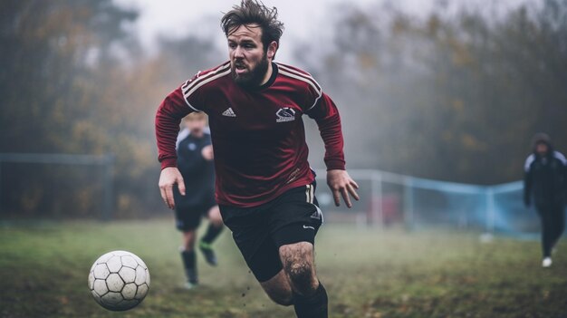 Foto hay un hombre que está corriendo con una pelota de fútbol generativa ai