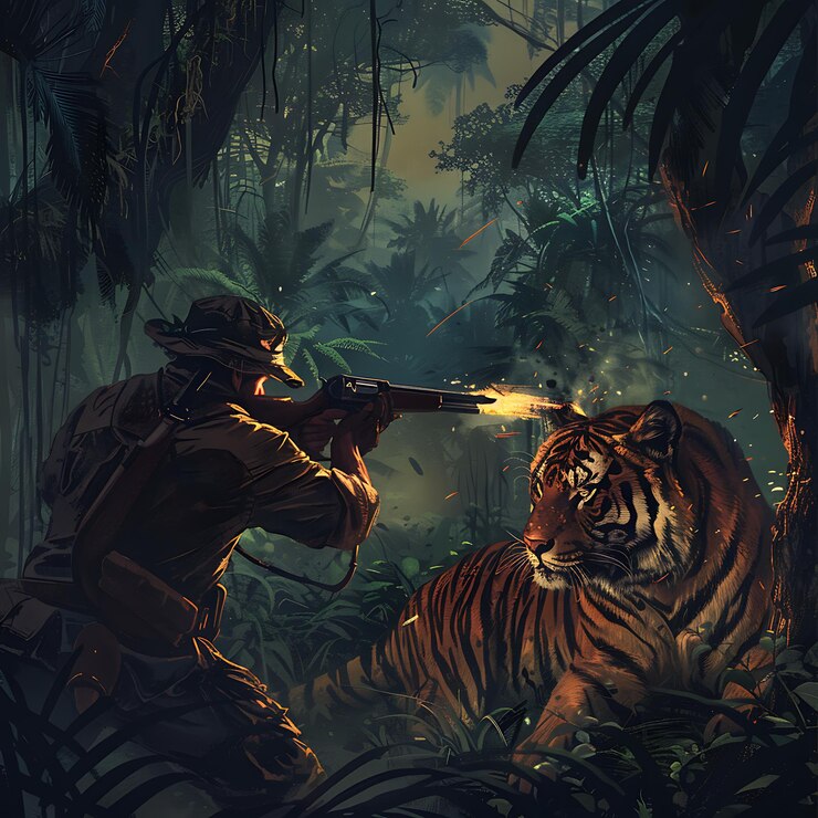 Hay un hombre que está disparando a un tigre en la jungla.