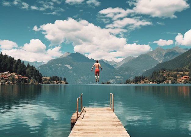 Foto hay un hombre saltando de un muelle a un lago ai generative