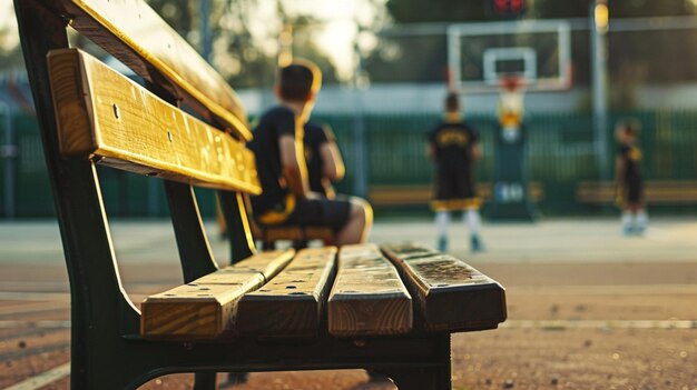 hay un hombre sentado en un banco en el medio de una cancha de baloncesto generativo ai