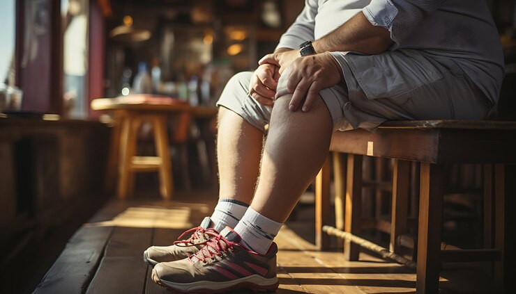 hay un hombre sentado en un banco con los pies cruzados