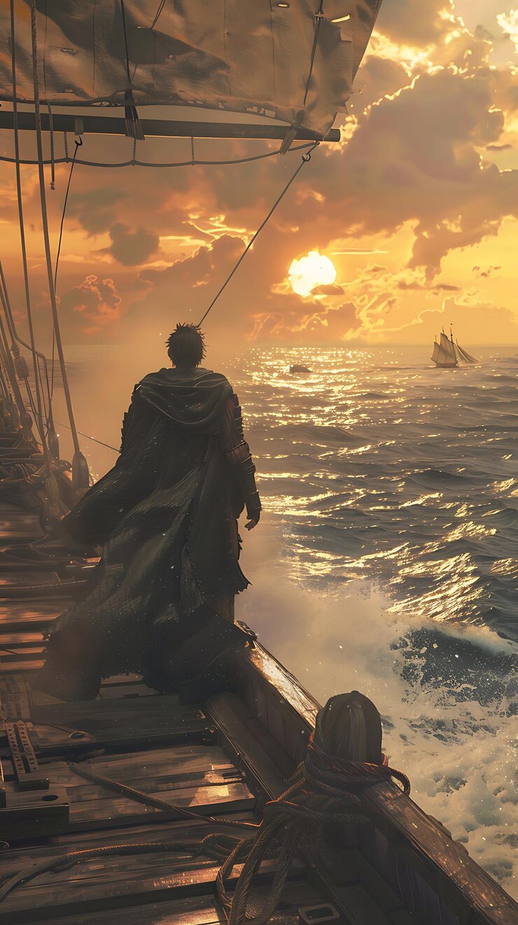 hay un hombre sentado en un barco viendo la puesta de sol