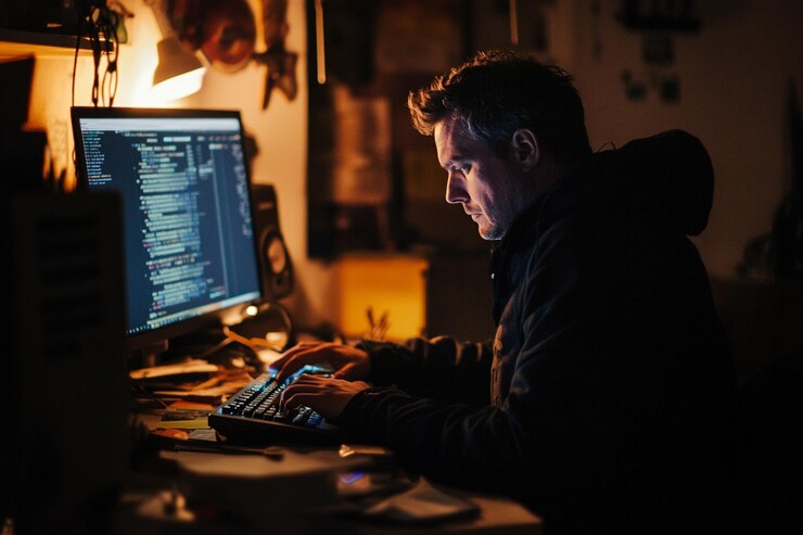 Foto hay un hombre sentado en un escritorio con una computadora con ia generativa