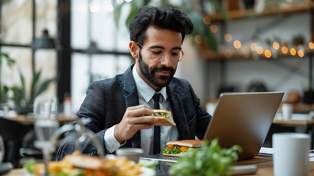 hay un hombre sentado en una mesa con una computadora portátil comiendo un sándwich