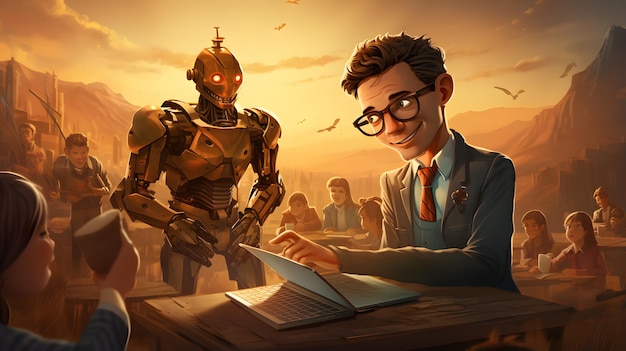 hay un hombre sentado en una mesa con una computadora portátil y un robot de pie detrás de él IA generativa