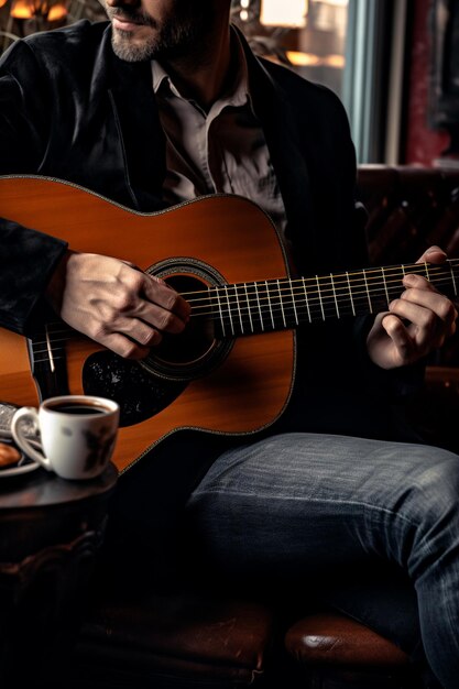 Hay un hombre sentado en un sofá tocando una guitarra ai generativa.