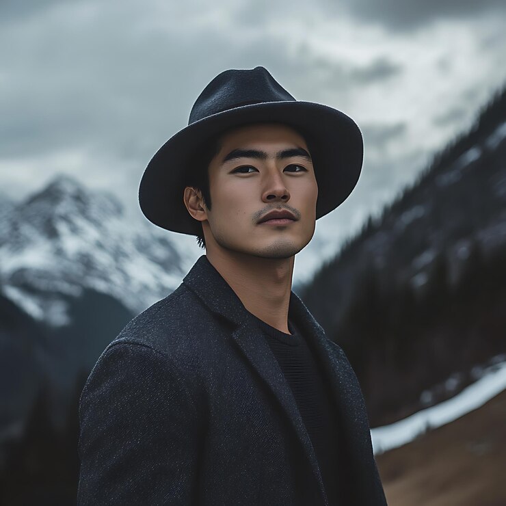 hay un hombre con un sombrero y un abrigo en las montañas