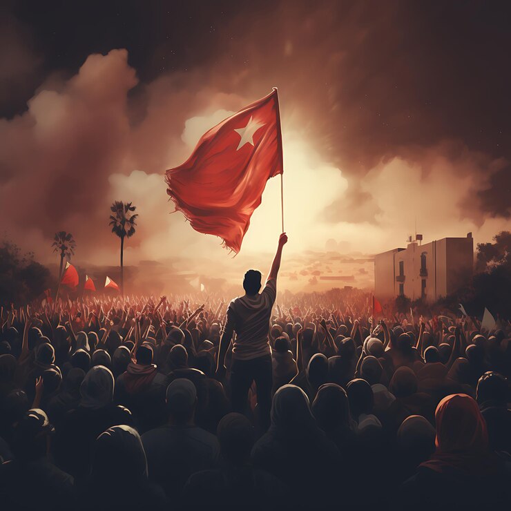 hay un hombre sosteniendo una bandera roja frente a una multitud