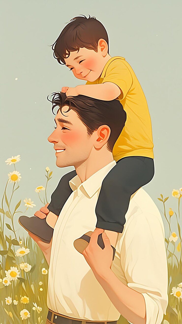 hay un hombre sosteniendo a un niño en sus hombros en un campo de flores