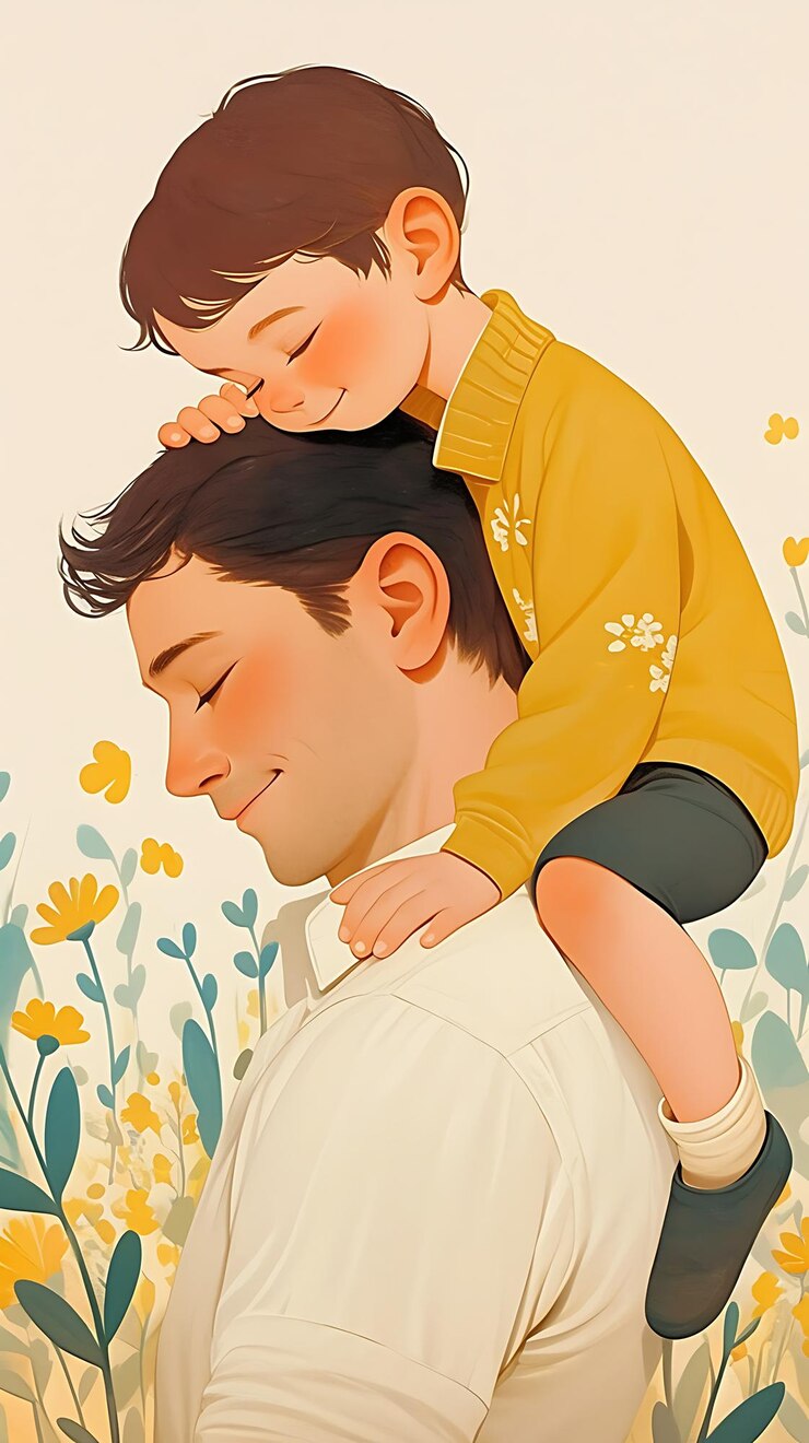 hay un hombre sosteniendo a un niño en sus hombros en un campo de flores