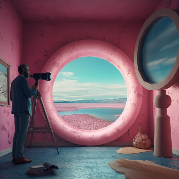 Hay un hombre tomando una fotografía de una habitación rosa con una ventana circular rosa ai generativo