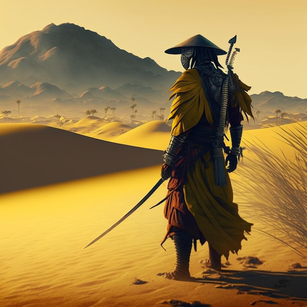 Hay un hombre con un traje amarillo parado en el desierto generativo ai