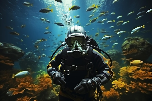 hay un hombre con un traje de buceo y una máscara de gas con IA generativa