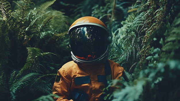 Hay un hombre en un traje espacial de pie en la jungla