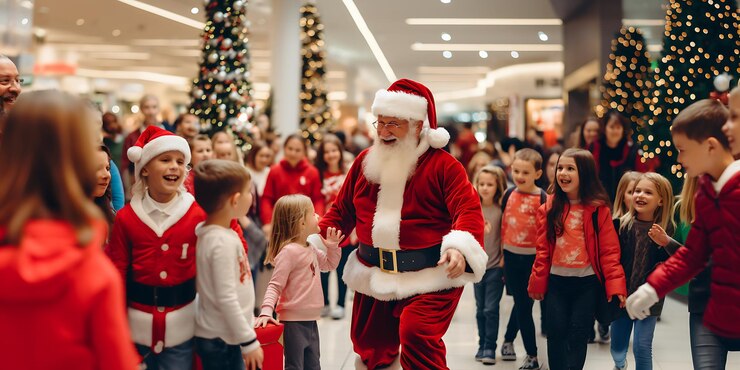 hay un hombre vestido de Papá Noel caminando a través de una multitud de niños