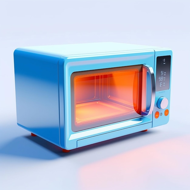 Hay un horno de microondas azul con una luz roja dentro del aire generativo.