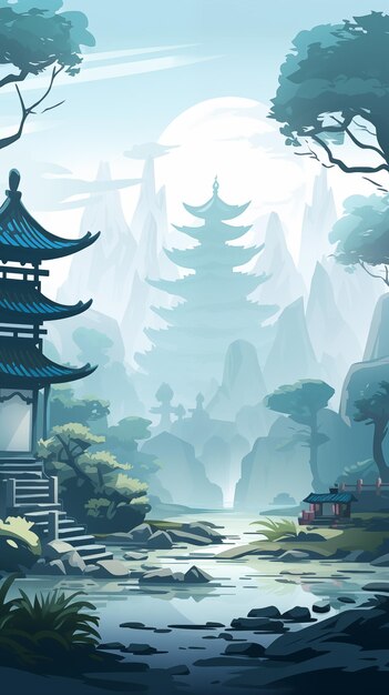 Hay una ilustración al estilo de dibujos animados de una pagoda en el bosque.