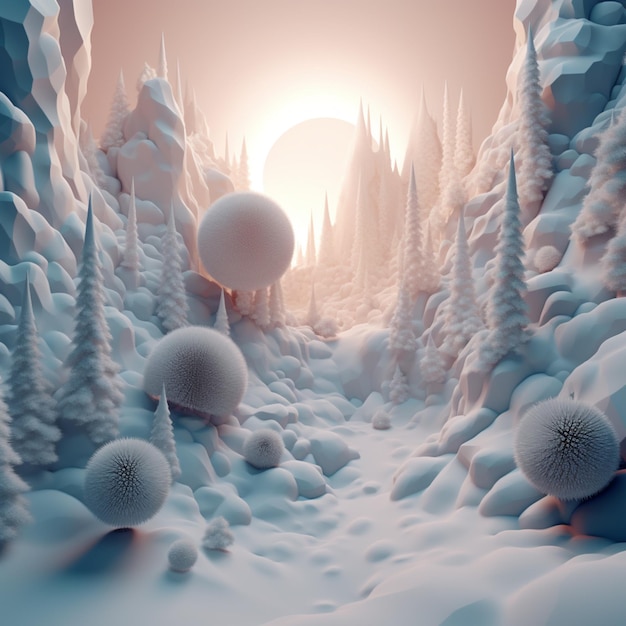 hay una imagen 3D de un bosque nevado con una bola generativa ai