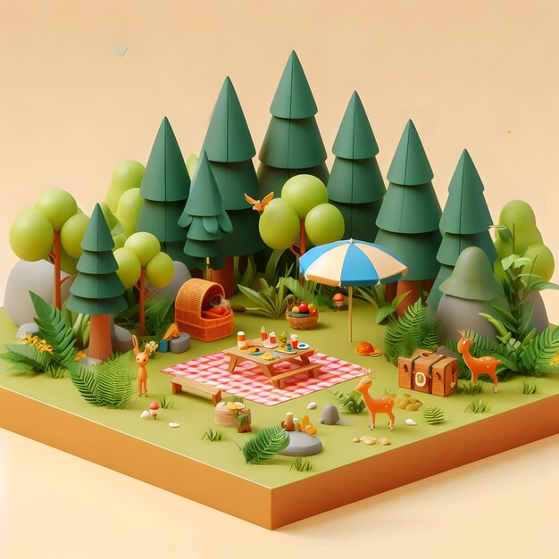 Hay una imagen en 3D de un picnic en el bosque IA generativa