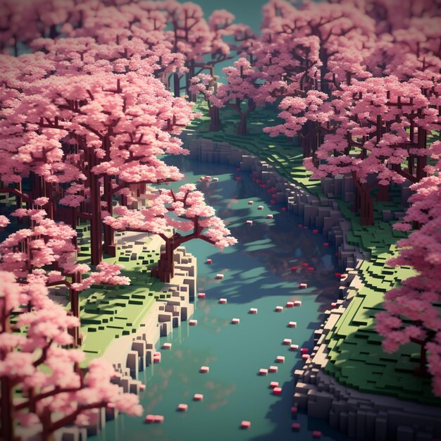 Hay una imagen en 3D de un río que atraviesa un bosque generativo ai