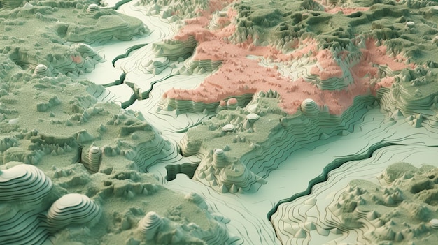 Hay una imagen en 3D de un río que atraviesa un desierto generativo.