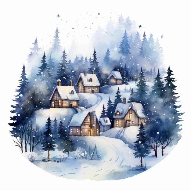 hay una imagen de una aldea nevada con muchos árboles generativo ai