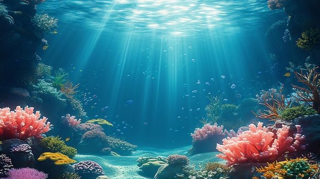Hay una imagen de un arrecife de coral con muchos tipos diferentes de peces generativos ai