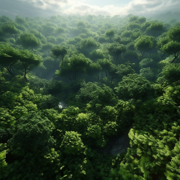 hay una imagen de un bosque con un arroyo que corre a través de él generativo ai