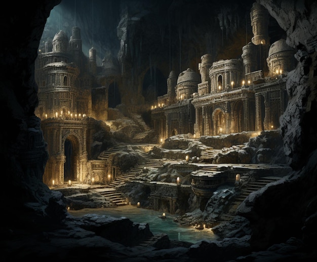 hay una imagen de un castillo en medio de una cueva ai generativa