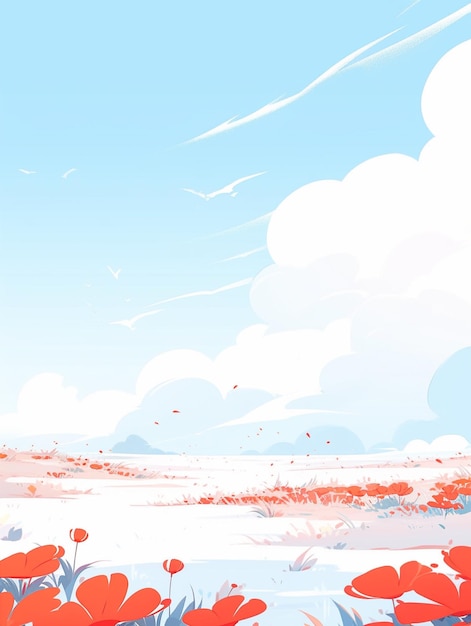 hay una imagen de dibujos animados de un campo con flores y pájaros generativo ai