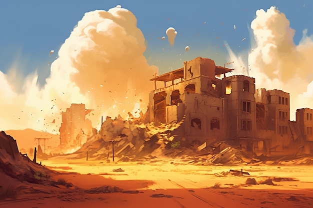 Hay una imagen de una escena del desierto con un edificio en el fondo generativo ai