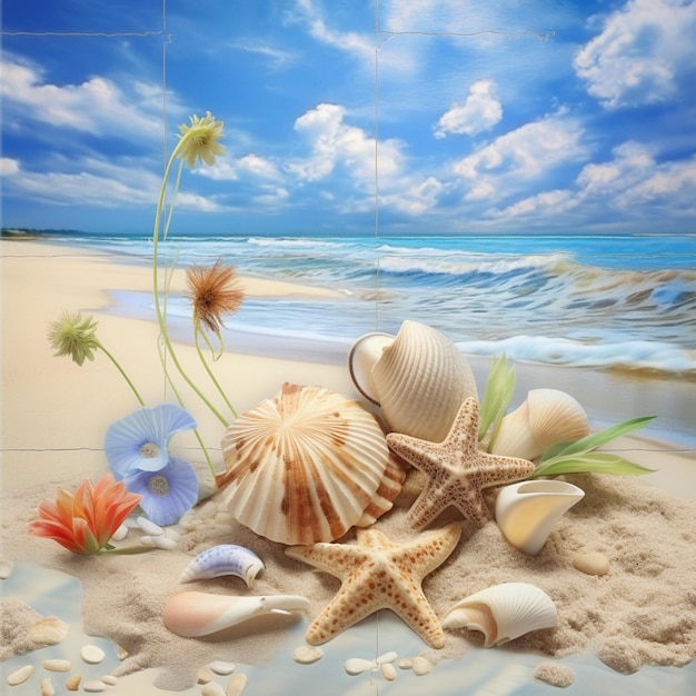 Hay una imagen de una escena de playa con conchas y flores generativas ai