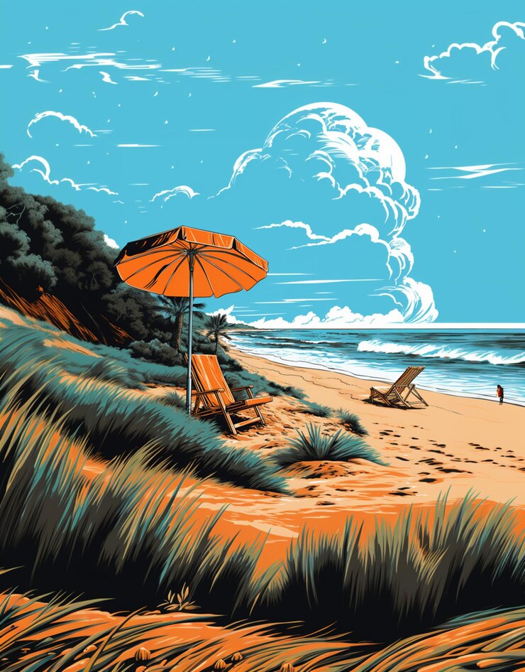 Hay una imagen de una escena de playa con una silla y un paraguas generativo ai