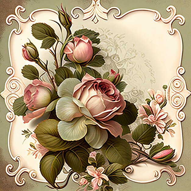Foto hay una imagen de una flor de rosa con hojas y flores generativas ai