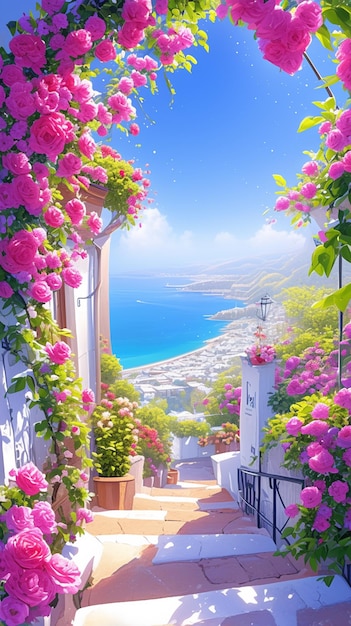 hay una imagen de un hermoso jardín con flores rosas generativo ai