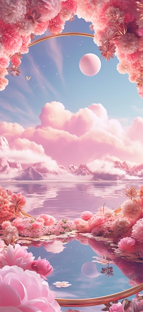 hay una imagen de un hermoso paisaje rosa con un lago ai generativo
