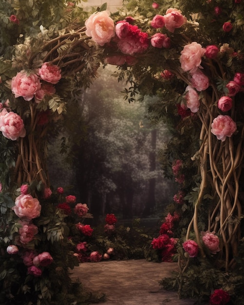 Hay una imagen de un jardín con rosas y enredaderas ai generativo.