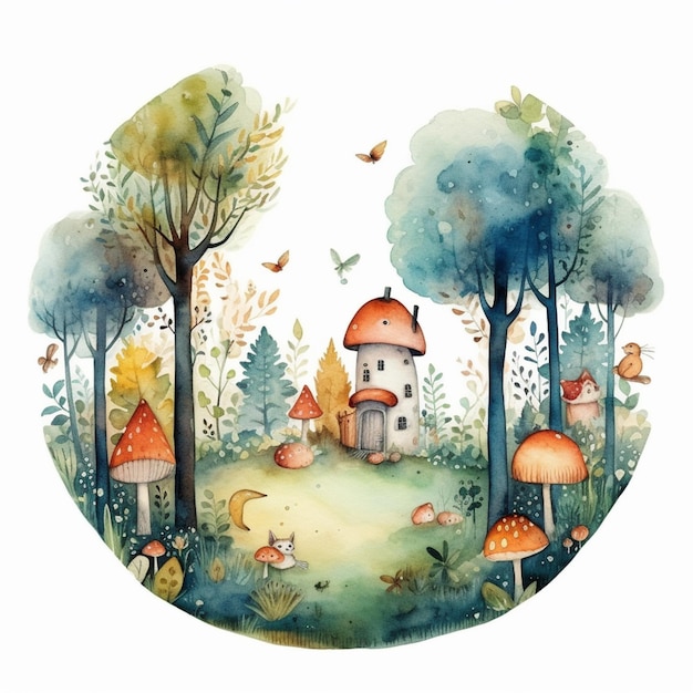 hay una imagen de una pintura de una casa en el bosque ai generativa