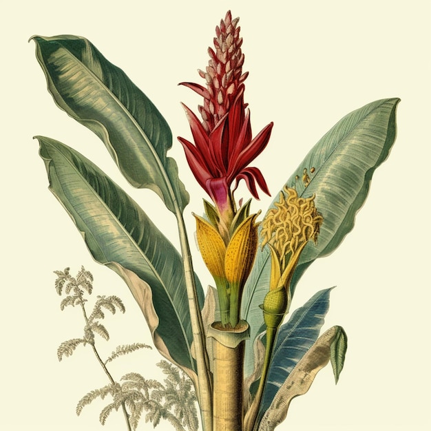 Foto hay una imagen de una planta con muchas hojas y flores generativas ai.