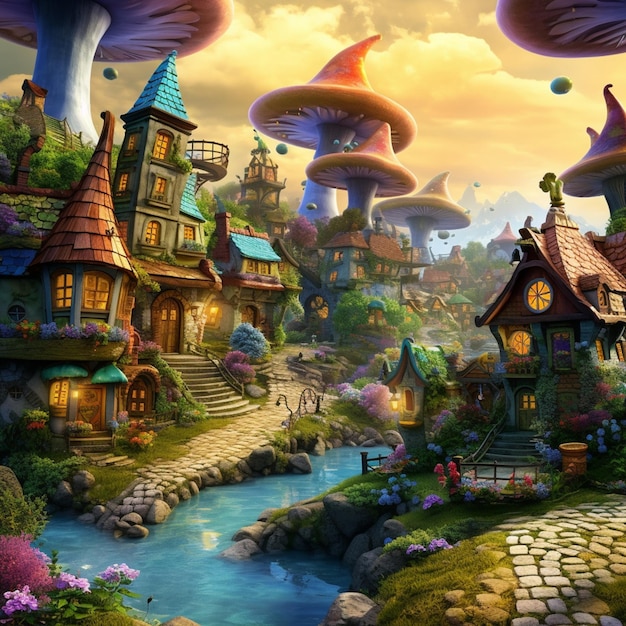 Hay una imagen de un pueblo de fantasía con hongos en el techo ai generativo
