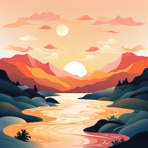 hay una imagen de una puesta de sol sobre un río con montañas en el fondo generativo ai