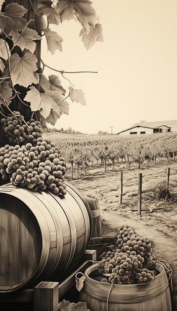 Foto hay una imagen de un racimo de uvas en un barril generativo ai