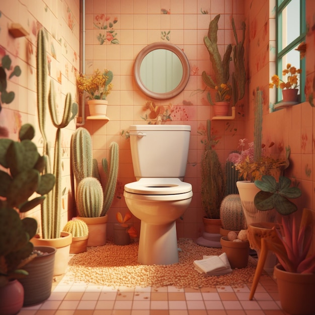 Foto hay un inodoro en un baño con plantas de cactus y un espejo ai generativo.