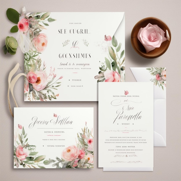 Hay una invitación de boda con una rosa rosada en ella.