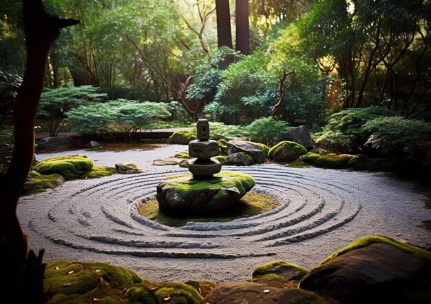 Hay un jardín de piedra con un diseño circular en el medio generativo ai